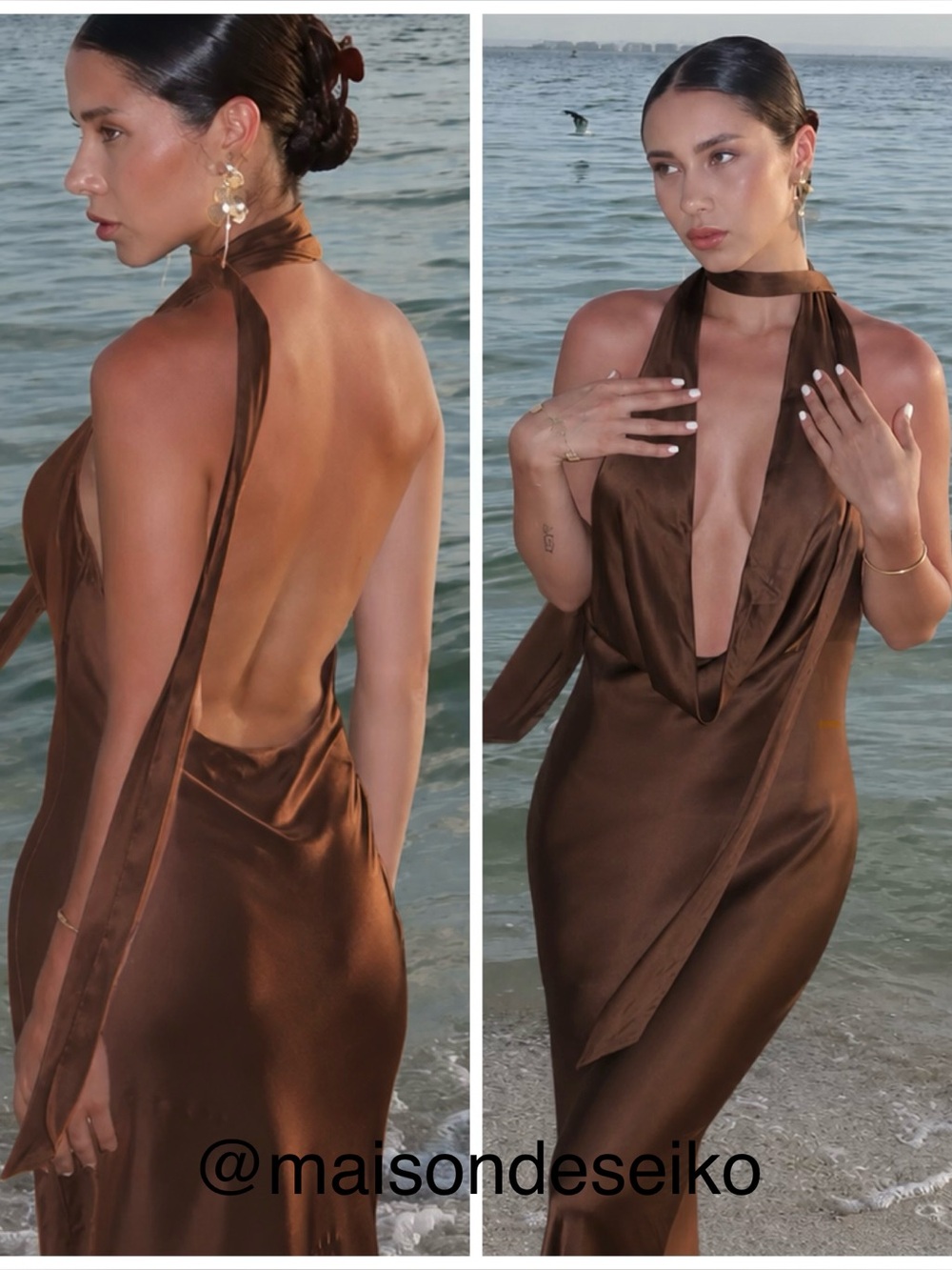 NWT NBD Maxi Dress Brown Satin Naila Halter Cowl Neck Gown Wedding Guest XS
